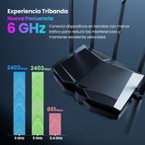 Tenda Router WiFi 6E de Tri-Band AX5700 Gigabit (6GHz: 2402 MBps, 5GHz: 2402 MBps, 2.4GHz: 861 MBps) 5 Antenas 6dBi CPU 1.7 GHz, Ideal para AR/VR/Steam 4K/8K, WiFi 6 Repetidor WiFi+ (RX27 Pro), Negro