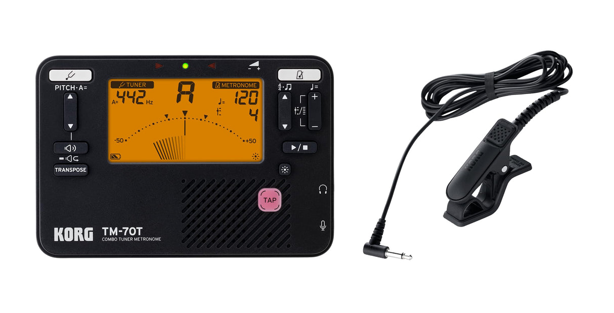Korg TM70 Metrónomo y Afinador Cromático Combinados con Micrófono de contacto - Negro