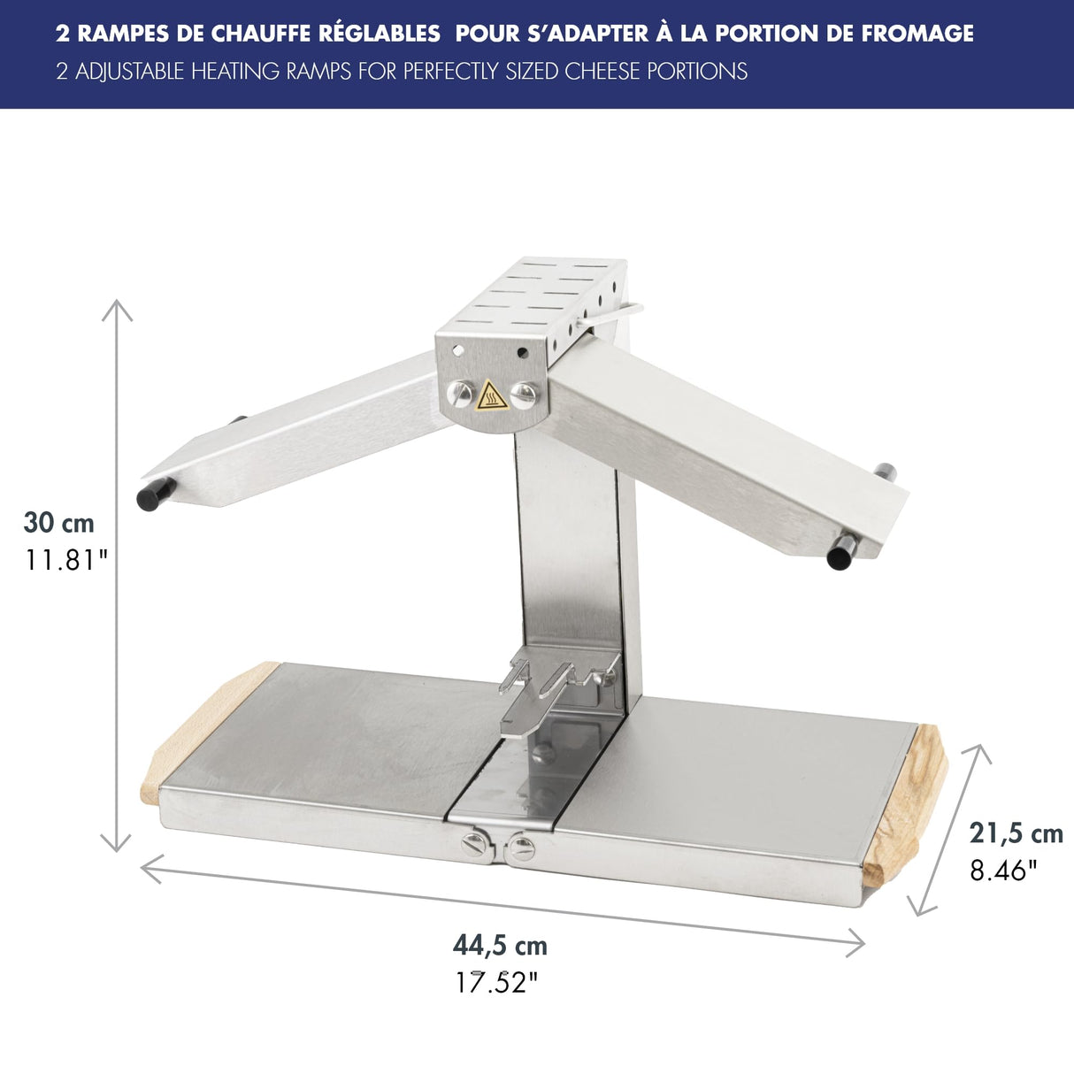 Louis Tellier - Máquina de Raclette Brézière® Signature Inox y Madera - 1/4 o 1/6 de Queso - 1-4 Pers - Rampas de Calentamiento Ajustables en Altura y Plegables - 230V - Made in France