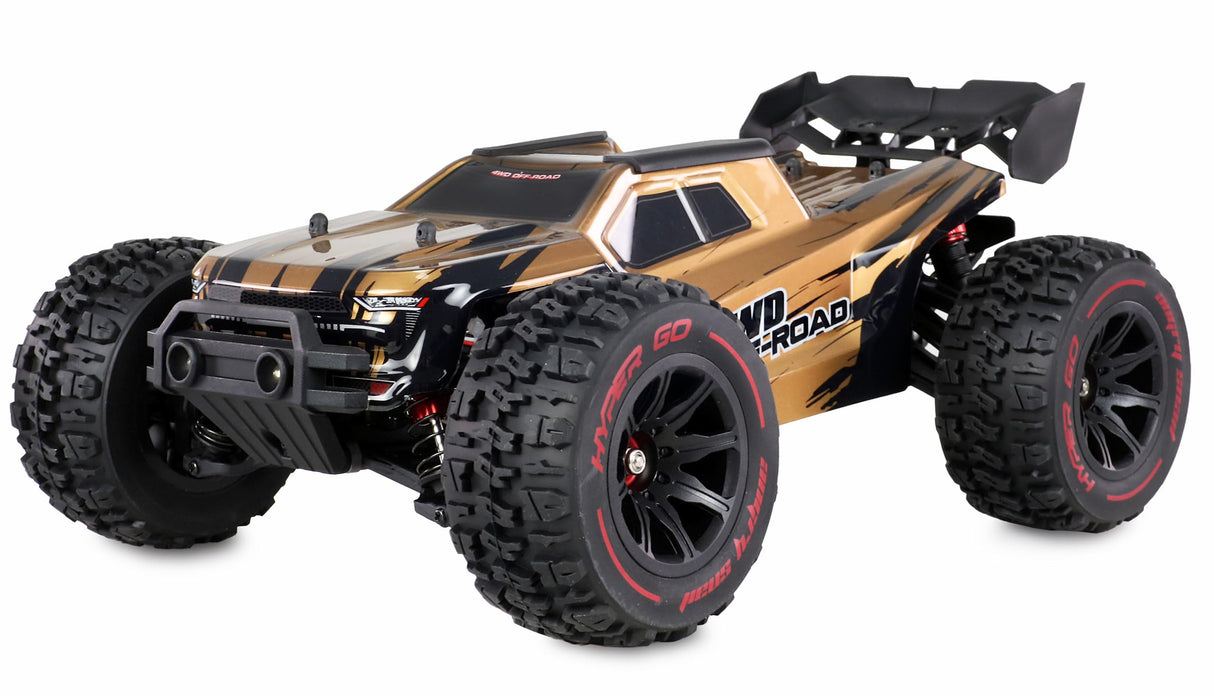 Amewi Hyper GO Truggy sin escobillas 4WD 1:14 RTR Negro Incluye Barra de Ruedas, Piezas de Repuesto, carrocería Dorada