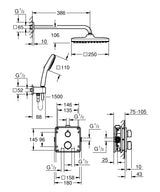 GROHE Precision 250 - sistema de ducha empotrado (2 tipos de chorro, caja de instalación universal, flexo de ducha 1500mm), angular, cromo, 34882000