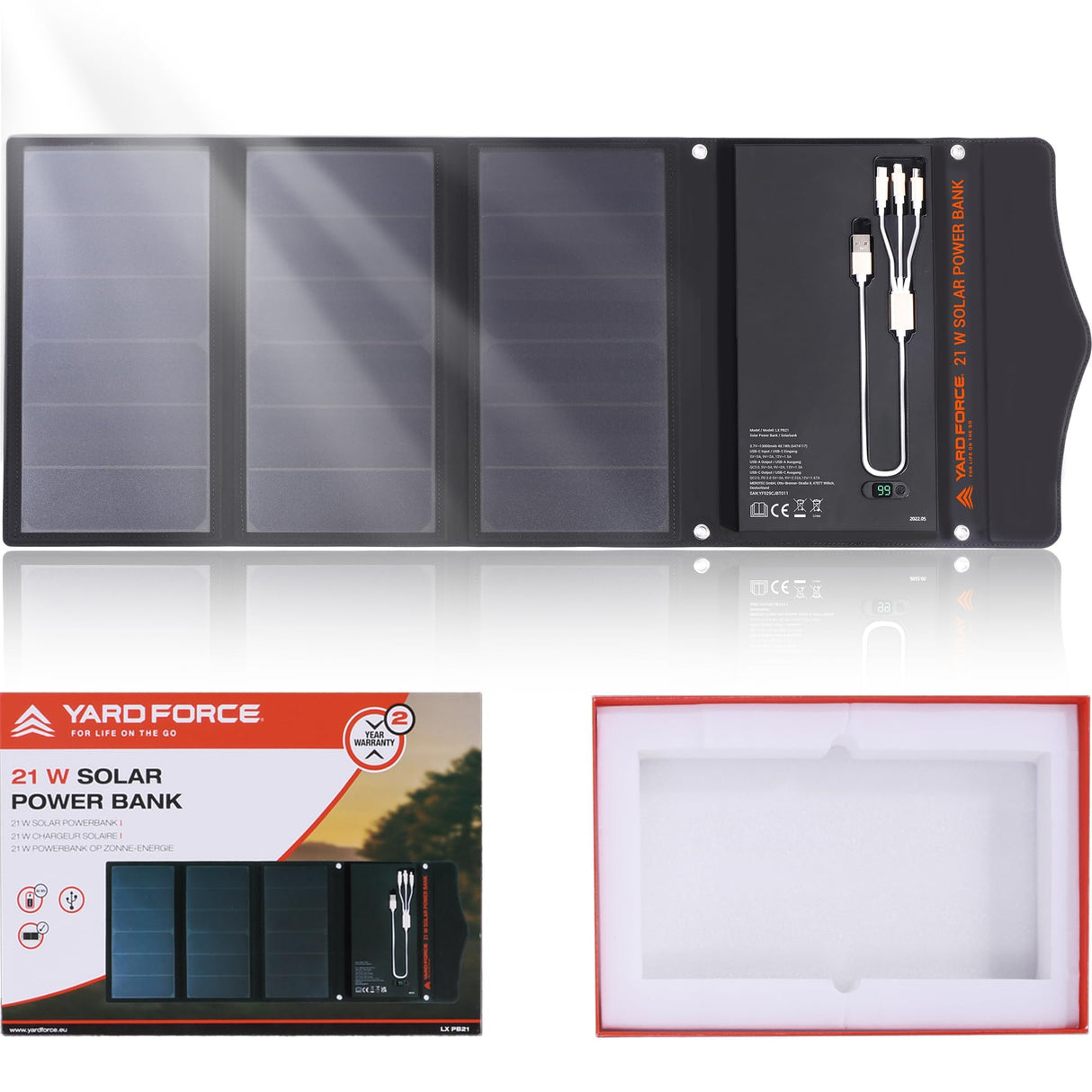 Yard Force Cargador Solar portátil de 21 W con 2 Puertos USB, batería incorporada de 13000 mAh, para Cargar Dispositivos USBiPhone, Android, MacBook, LX PB21, Negro