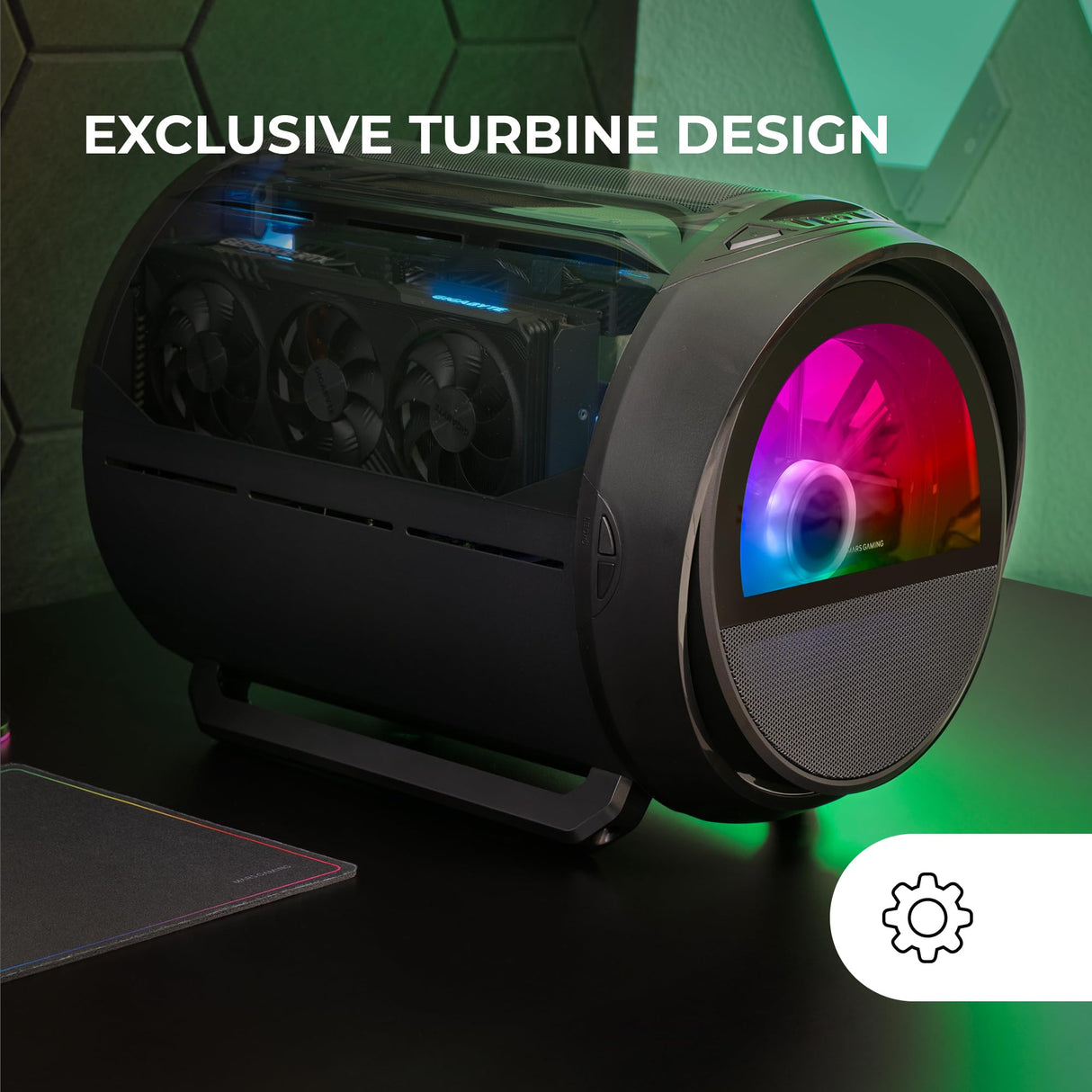 Mars Gaming MC- Cylon, Caja Gaming MicroATX, Diseño Cilíndrico de Turbina, Panel Cristal Templado y Ventana Superior Curvada Panorámica, Ventilador Frontal RGB 200mm + Ventilador Trasero 120mm, Negro