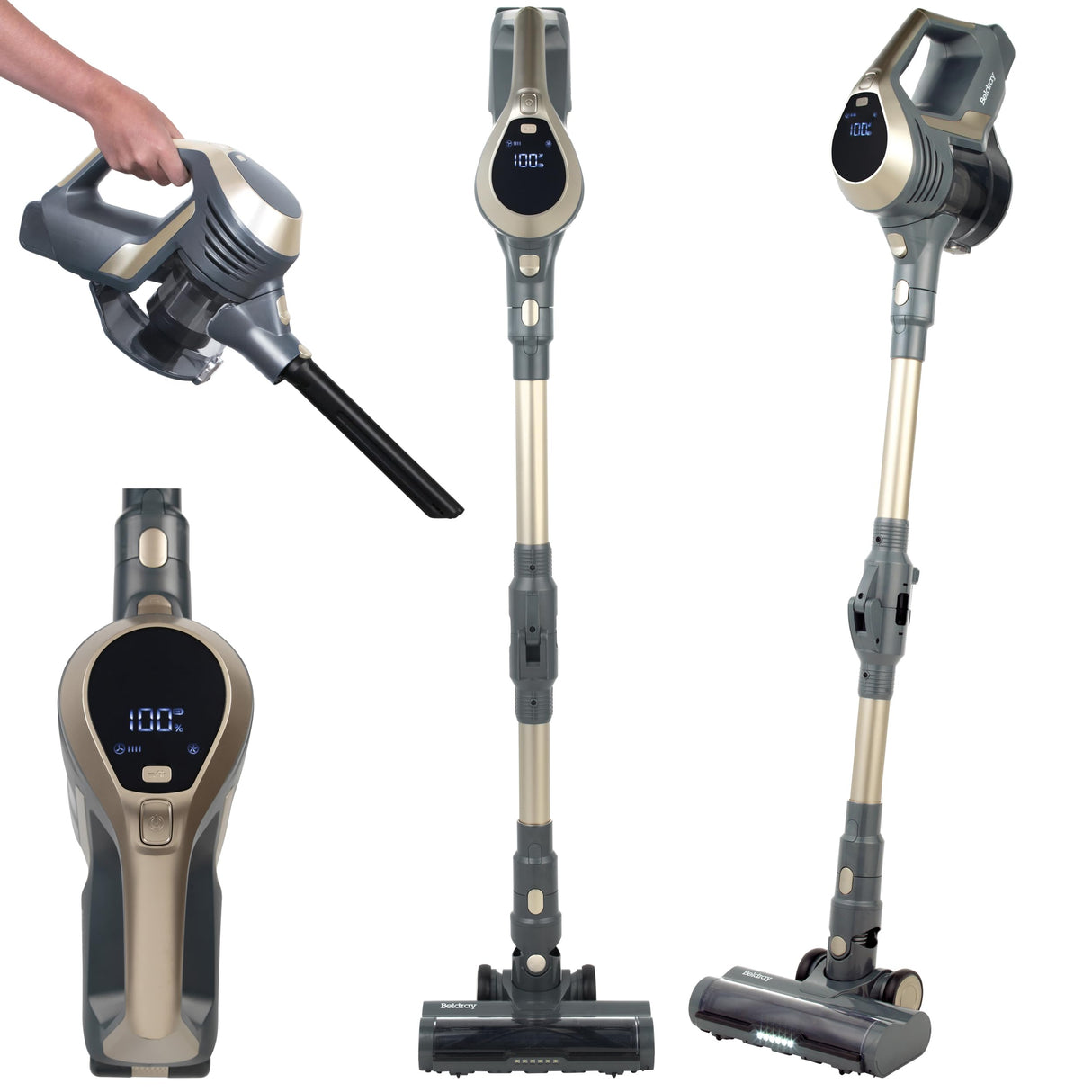 Beldray BEL01727TTVDE Titanium Smartflex inalámbrico Vacuum Cleaner – Multi-ciclónico 1L Stick Vac, Flexi-Bisagra, LED Digital Display, Indicador de Nivel de batería, Sensor de Bloqueo Inteligente,