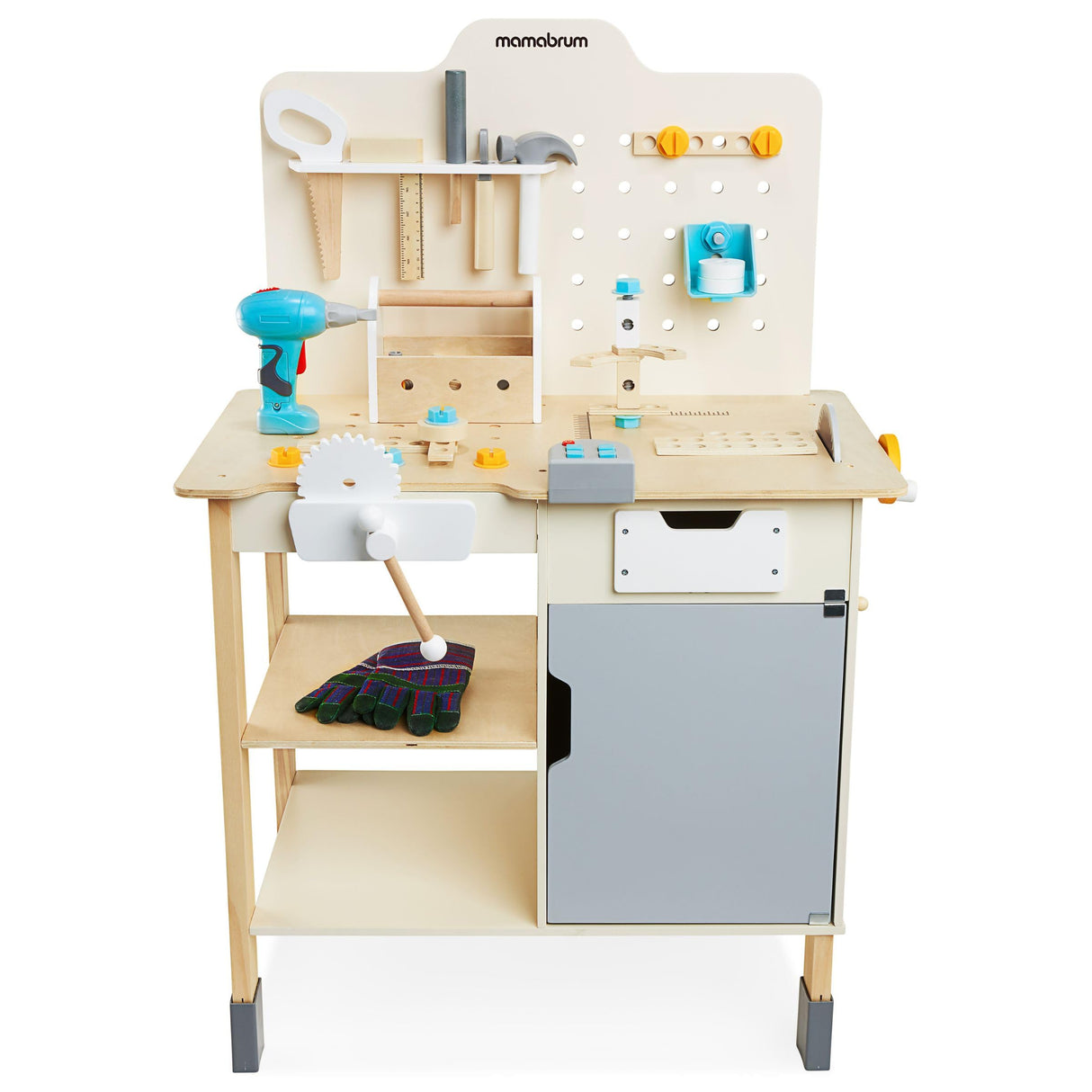 mamabrum Banco Trabajo Madera para Niños - Mesa Herramientas XXL con 74 Piezas, Taladro Eléctrico y Sierra Circular - Altura Ajustable 97-103cm - A Partir de 2 Años