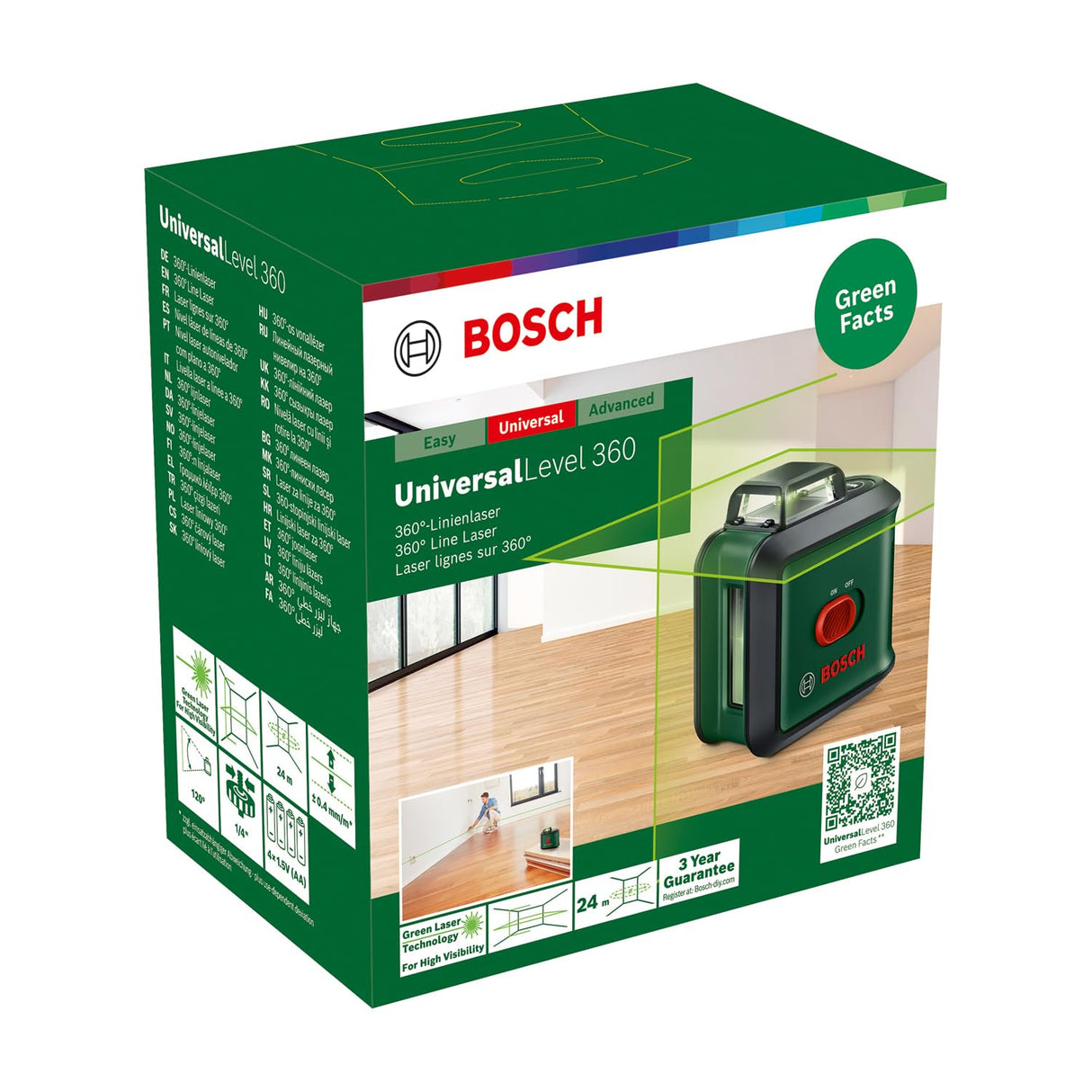 Bosch Nivel Láser de Líneas Cruzadas UniversalLevel 360 (líneas de láser en vertical + horizontal, incl. 360° para la alineación por toda la estancia, en caja de cartón)