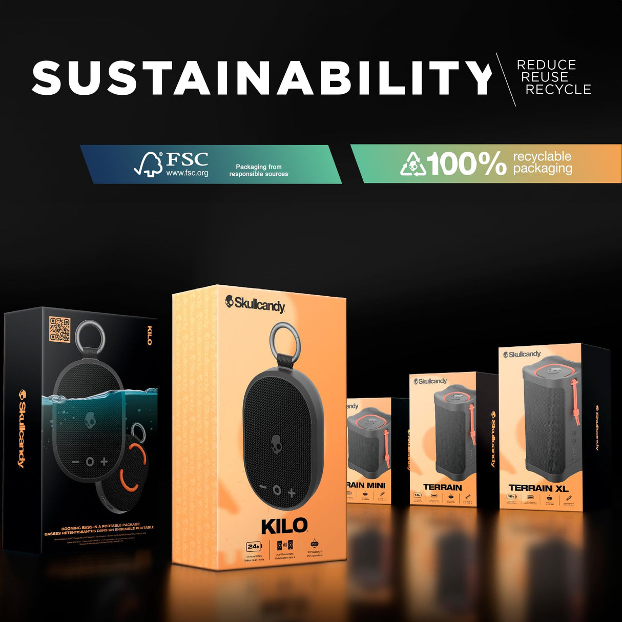 Skullcandy Terrain Mini Altavoz Portátil Inalámbrico con Bluetooth, Impermeabilidad IPX7, 14 Horas de Batería, True Wireless Stereo y Correa Integrada para Viajes y Uso en Exteriores - Hueso/Naranja
