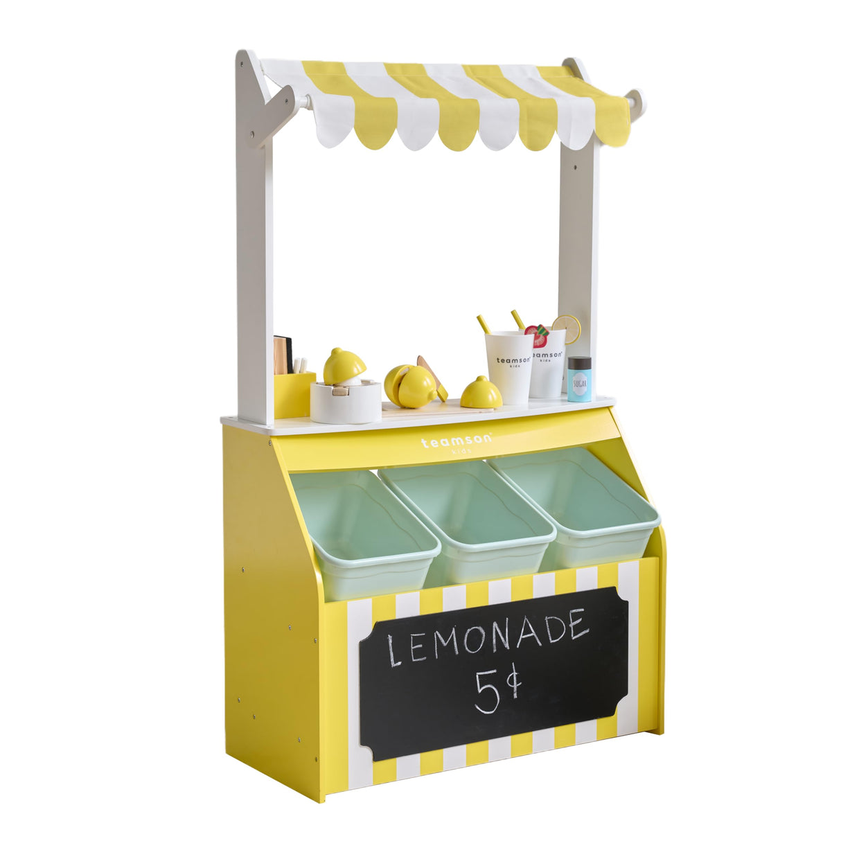 Teamson Kids Puesto de Limonada de Madera Sunny Citrus con 18 Accesorios, exprimidor, Vasos y Juego Educativo de rol para niños