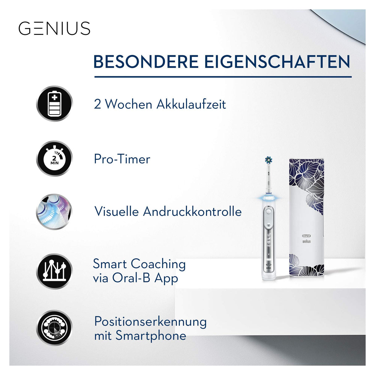 Oral-B Genius 8500n - Cepillo de dientes eléctrico, recargable, con 1 mango conectado por Bluetooth, detector de posición, plateado, 1 cabezal y 1 funda de viaje