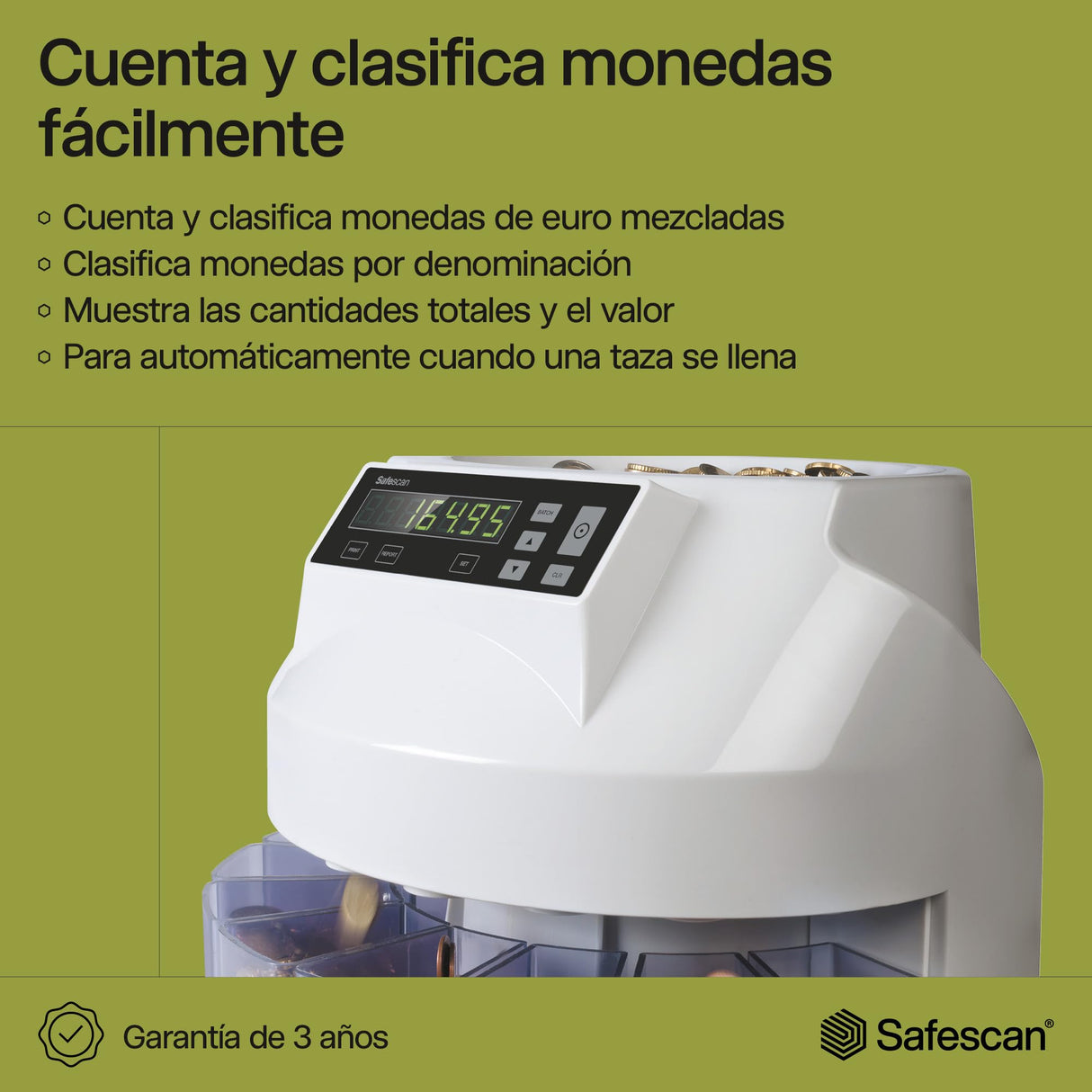 Safescan 1250 EUR Contadora de monedas cuenta valor y clasifica monedas mezcladas de euro - Clasificadora de monedas separando por denominación - Máquina contadora que cuenta monedas de forma continua