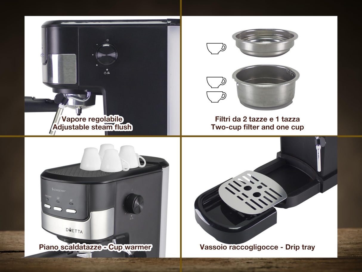 beper P101CAF100 Cafetera Espresso Duetta, 1100W, Compatible con monodosis y café en polvo, Cafetera con brazo de salida doble, 15 bar, Calienta tazas, vaso medidor y prensador incluidos, Negra