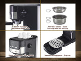 beper P101CAF100 Cafetera Espresso Duetta, 1100W, Compatible con monodosis y café en polvo, Cafetera con brazo de salida doble, 15 bar, Calienta tazas, vaso medidor y prensador incluidos, Negra