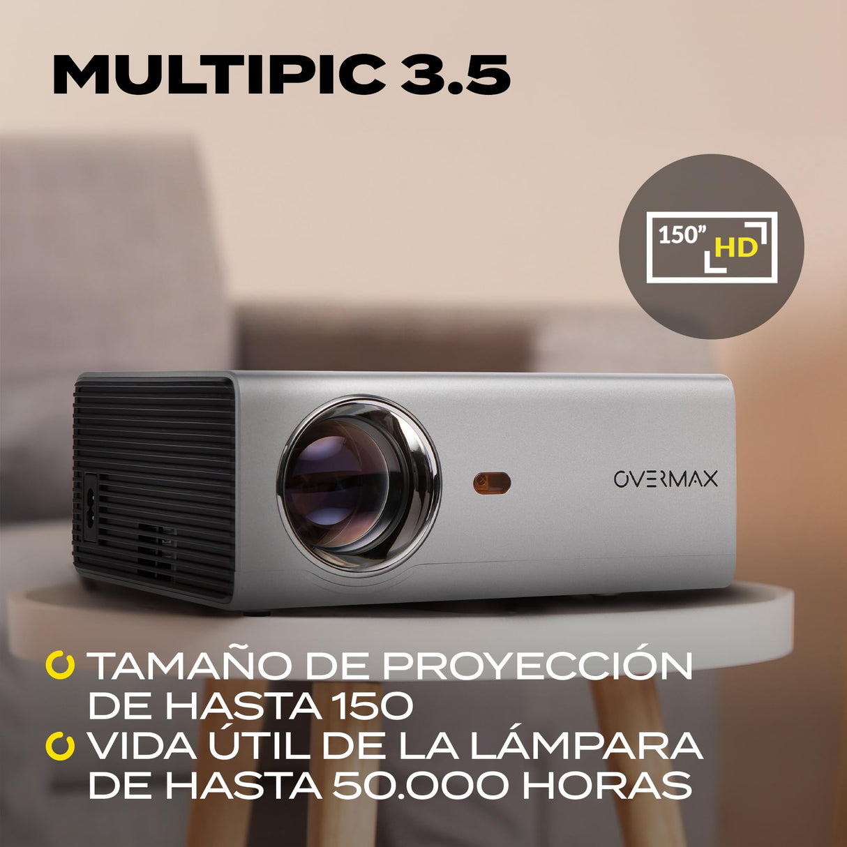 OVERMAX Proyector Multipic 3.5 Full HD LED proyector WiFi Proyector Home Cinema Proyector Incorporado Youtube Altavoz con subwoofer HDMI USB D-Sub Mando a Distancia tamaño Compacto