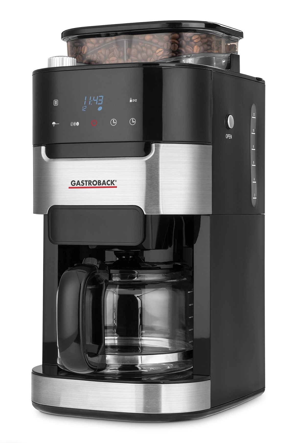 GASTROBACK 42711 Grind & Brew Pro Cafetera de filtro con molinillo integrado, mecanismo cónico con 8 niveles de molienda, pantalla LCD suave al tacto, plástico