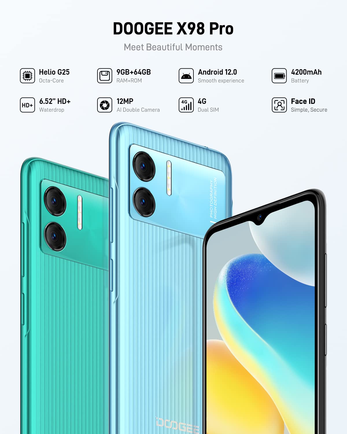 DOOGEE Teléfono Móvil Libre Android 12 X98 Pro, Smartphone con 9GB + 128 GB, 6.52" HD Sony Cámara 12+2MP+8MP Front, Helio G25 / Octa Core, Batería 4200 mAh Carga Rápida 10W OTG