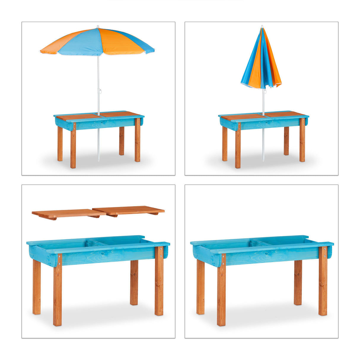 Relaxdays Mobiliario Infantil para jardín, Set con Mesa, Dos Bancos y sombrilla, Muebles de Exterior, Madera, Multi-Color