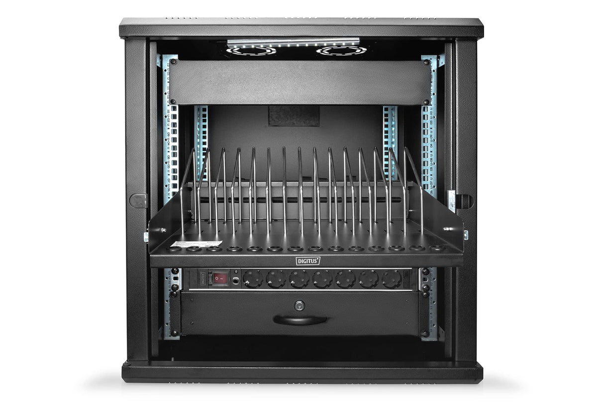 DIGITUS Estante de 19 Pulgadas - 4,5 U - Extensible - Estación de Carga - para 14 tabletas, portátiles y Smartphones - para armarios de Red y servidores de 19" - Negro