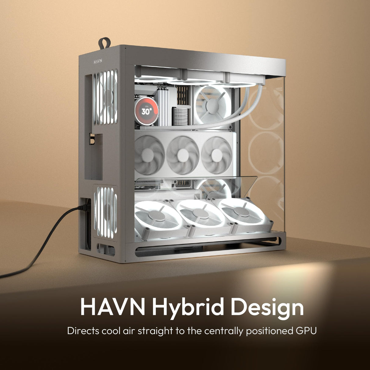 HAVN HS 420 VGPU Dual Chamber ATX Mid Tower PC Case White | PCIe 5.0 Vertical GPU Kit, 11 x 140 mm Ranuras para Ventilador y 2 x 420 mm Soporte de radiador, gestión de Cables SimpliCable, Vidrio