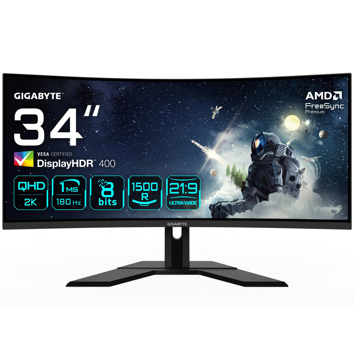 Gigabyte G34WQCP 34" Monitor Gaming Curvo WQHD - 3440 x 1440, VA, 180Hz, 1ms, 1500R, 350 CD/m², FreeSync Premium, DisplayHDR 400, HDMI 2.0, DisplayPort 1.4