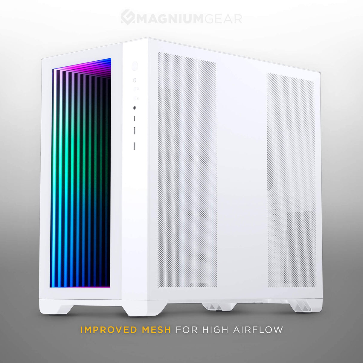 Magniumgear Neo Qube 2 IM, Doble cámara ATX Mid-Tower, Digital-RGB Infinity Mirror Frontal Panel, Tempered Glass Panels, Blanco