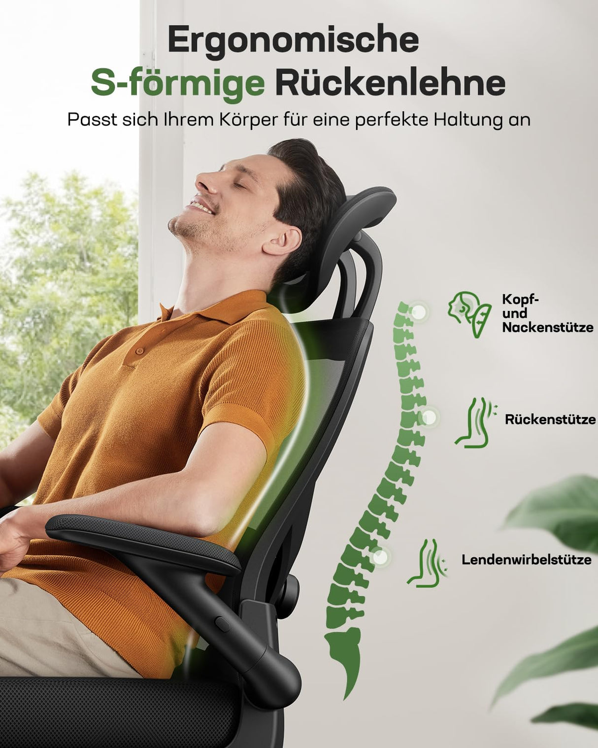 Marsail Silla de Oficina ergonómica con Soporte Lumbar Ajustable, reposacabezas y reposabrazos, Altura Regulable y función basculante