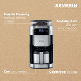 SEVERIN - Cafetera de goteo con molinillo hasta 10 tazas, Cafetera de filtro / Cafetera americana con jarra de cristal de 1l, con pantalla LED con temporizador, Acero inoxidable / Negro, KA 4814