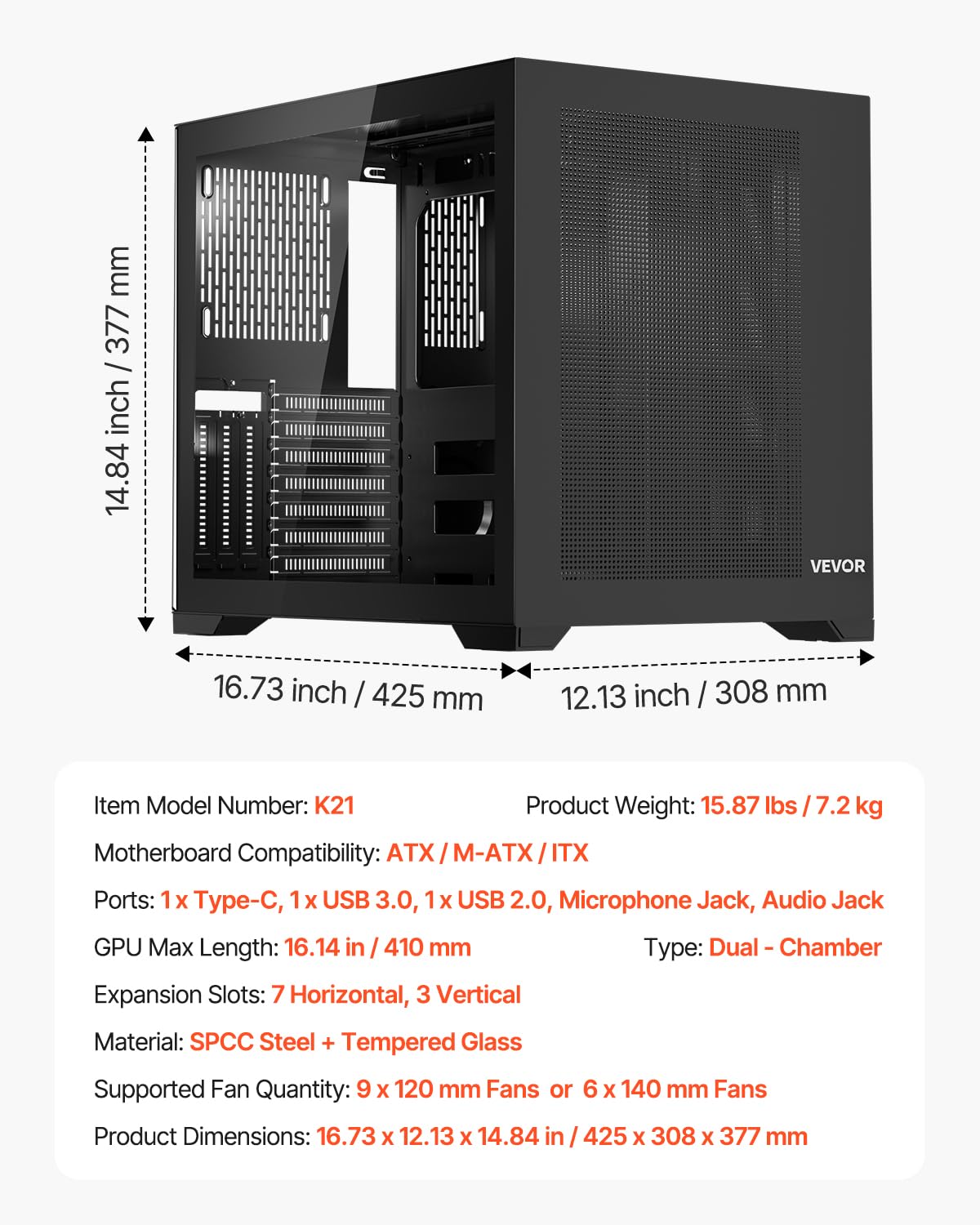 VEVOR Caja para PC Torre Media Doble Cámara con Panel de Vidrio Templado Filtro Magnético Antipolvo Gestión de Cables para GPU hasta 410 mm de Longitud Compatible con ATX/M-ATX/ITX, Sin Ventilador