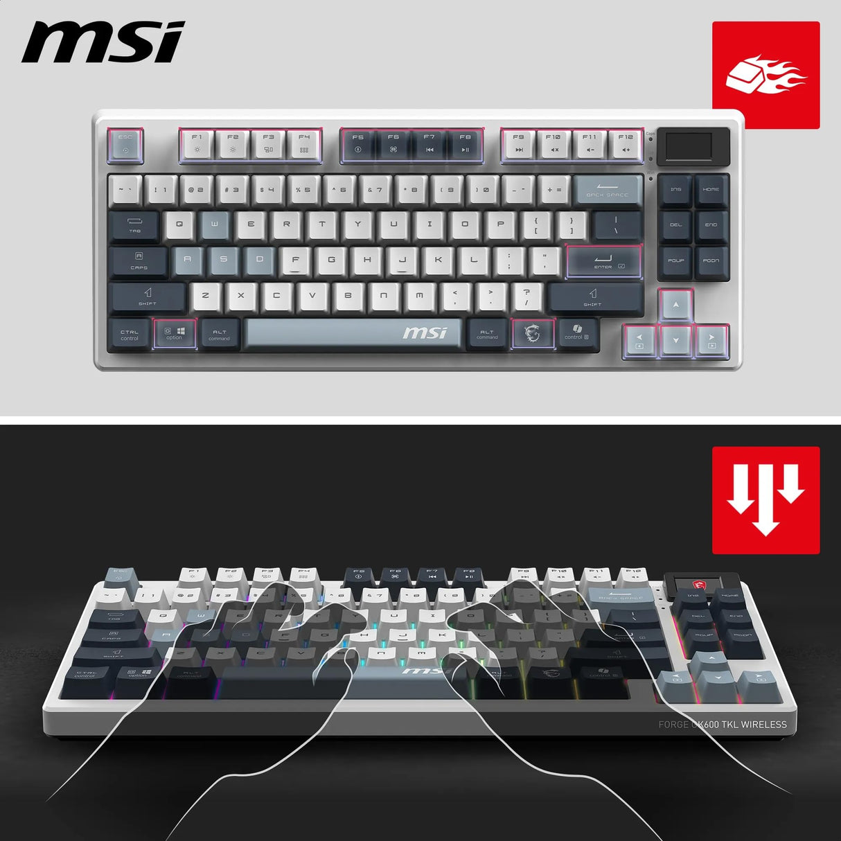 MSI Forge GK600 TKL Wireless Sky FR - Teclado AZERTY mecánico con interruptores lineales - Teclas PBT Impresas por sublimación, Base Antideslizante, LED RGB, USB 2.0, Bluetooth, 2.4 GHz - Tenkeyless