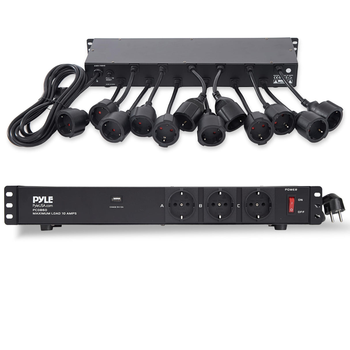 Pyle 19” Outlet 1U, PDU de montaje en rack, Fuente de distribucion de energia, Protector contra sobretensiones, Disyuntor de 15 amperios, Puerto de carga para multiples dispositivos USB, Cable de 15ft