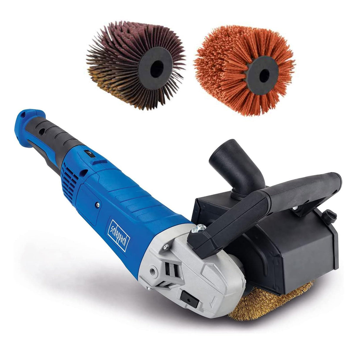 Scheppach Máquina de satén MRS1300 con arranque suave y potencia de 1300 W, incluye cepillo de latón, tiras abrasivas y cepillo de nailon, ancho de cepillo de 100 mm con diámetro de 120 mm, velocidad