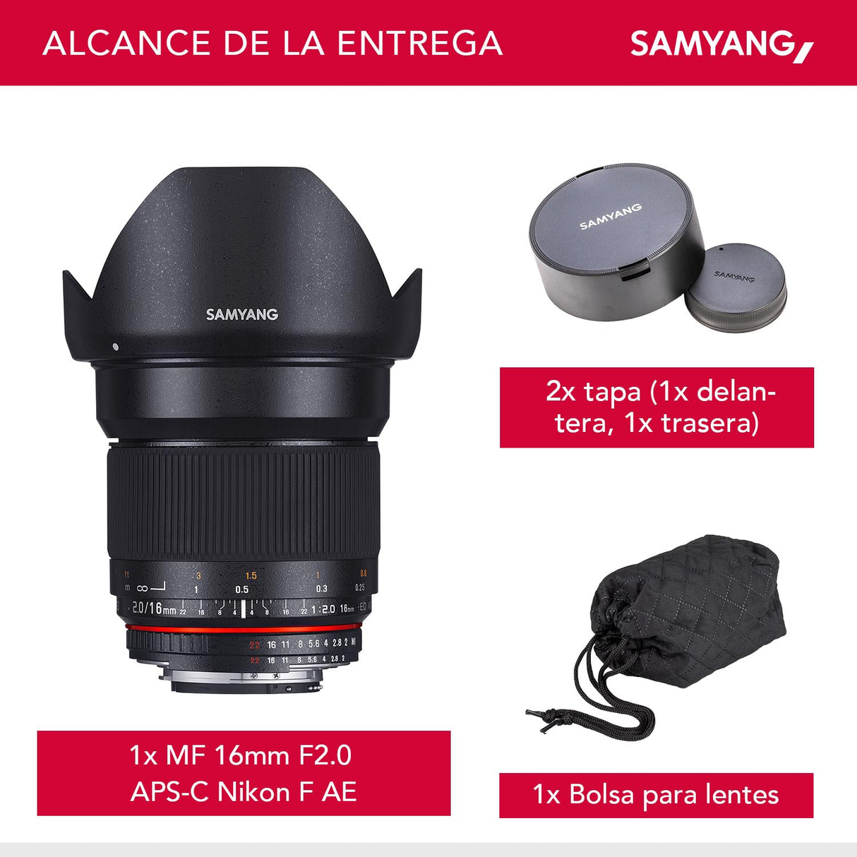 Samyang F1120703101 - Objetivo fotográfico DSLR para Nikon F Ae (Distancia Focal Fija 16mm, Apertura f/2-22 ED AS UMC CS, diámetro Filtro: 77mm), Negro