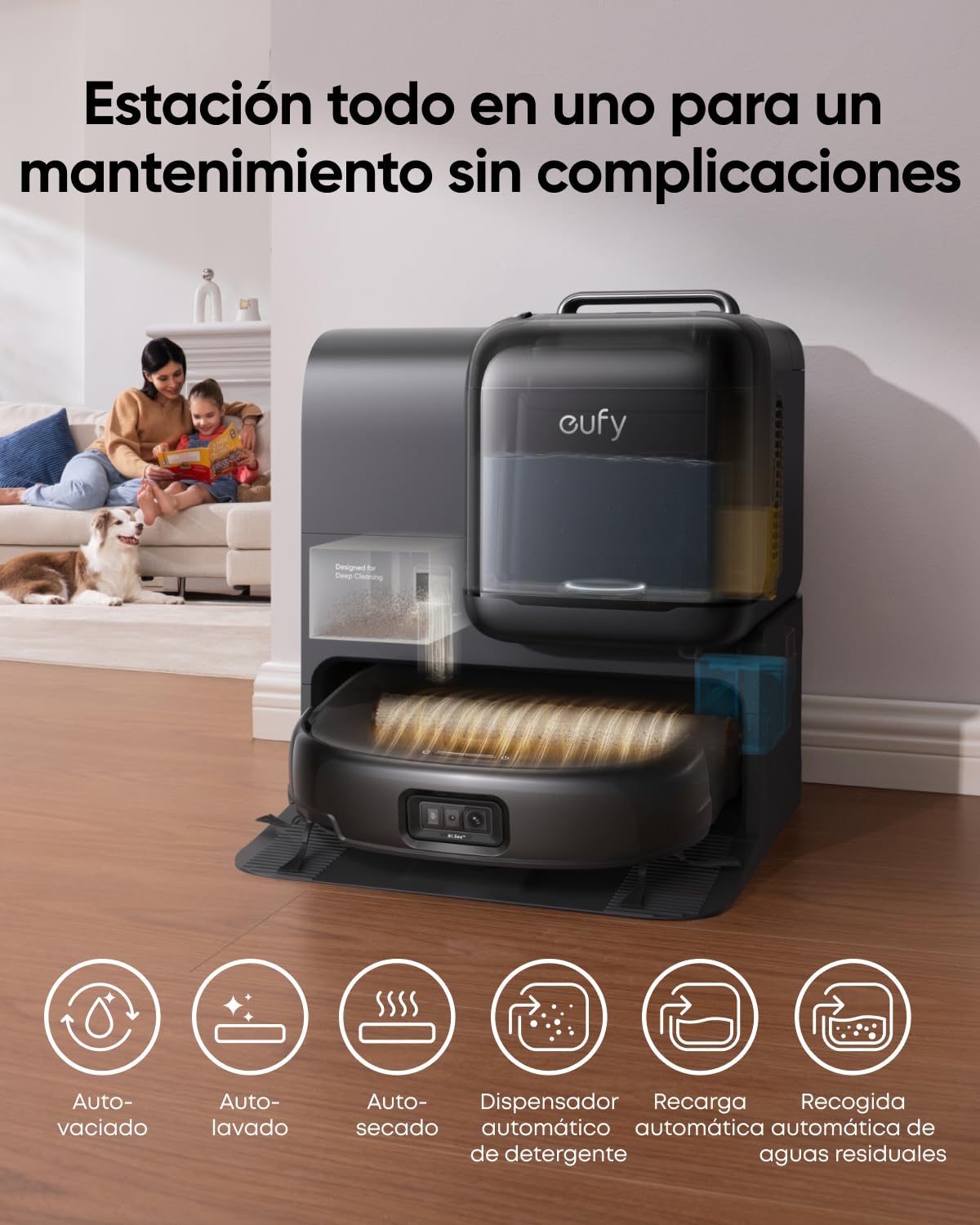 eufy Robot Aspirador Omni E28, Aspirador quitamanchas portátil, Sistema HydroJet, succión Turbo de 20.000 Pa, cepillos desenredantes DuoSpiral, Brazo CornerRover, estación Todo en uno.