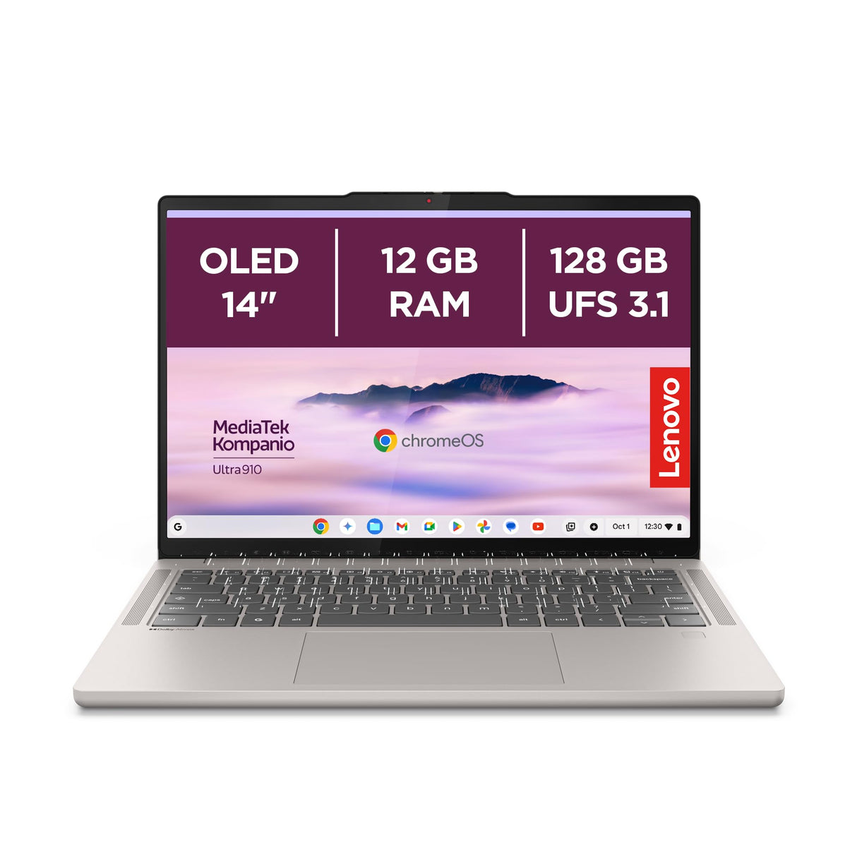 Lenovo Chromebook Plus Gen 10 - Ordenador Portátil 14'' WUXGA OLED (MediaTek Kompanio Ultra 910, 12GB RAM, 128GB UFS, ChromeOS)-Seashell + 1 año de Google AI Pro con Gemini Pro y 2TB de Almacenamiento