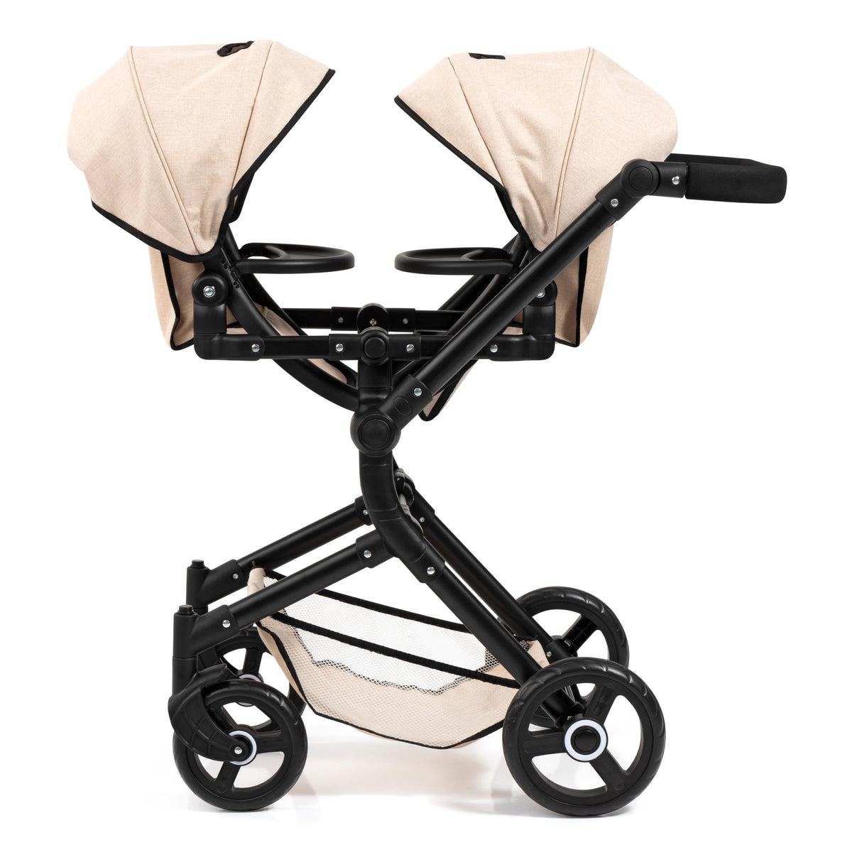 Bayer Design 26275AA Cochecito de muñeca gemelas, Carrito Paseo para muñecos, Ajustable en Altura, Plegable, con Bolsa