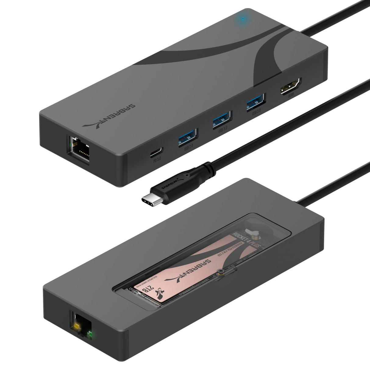 SABRENT Carcasa SSD M.2 NVMe y SATA USB 3.2 HUB C Docking Station 90W PD3.0, 1 USB 2.0 y 2 USB 3.0 Tipo-A, HDMI 2.0 4K@60Hz, Puerto RJ45 Ethernet 1GbE, Llave M y M+B M.2 2242/2260/2280 [HB-6PNV]