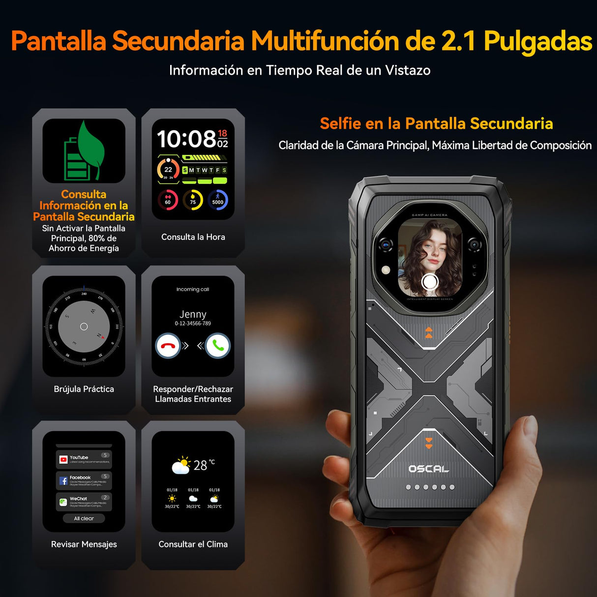 OSCAL Tank 1 Movil Resistente 5G, 48GB+512GB, 20000mAh 55W, Cámara 64MP+50MP+20MP Visión Nocturna, 6.78" FHD+120Hz & 2,01" Pantalla Sec., Dimensity 7050 Movil Irrompible Android 15, IP69K/NFC/OTG