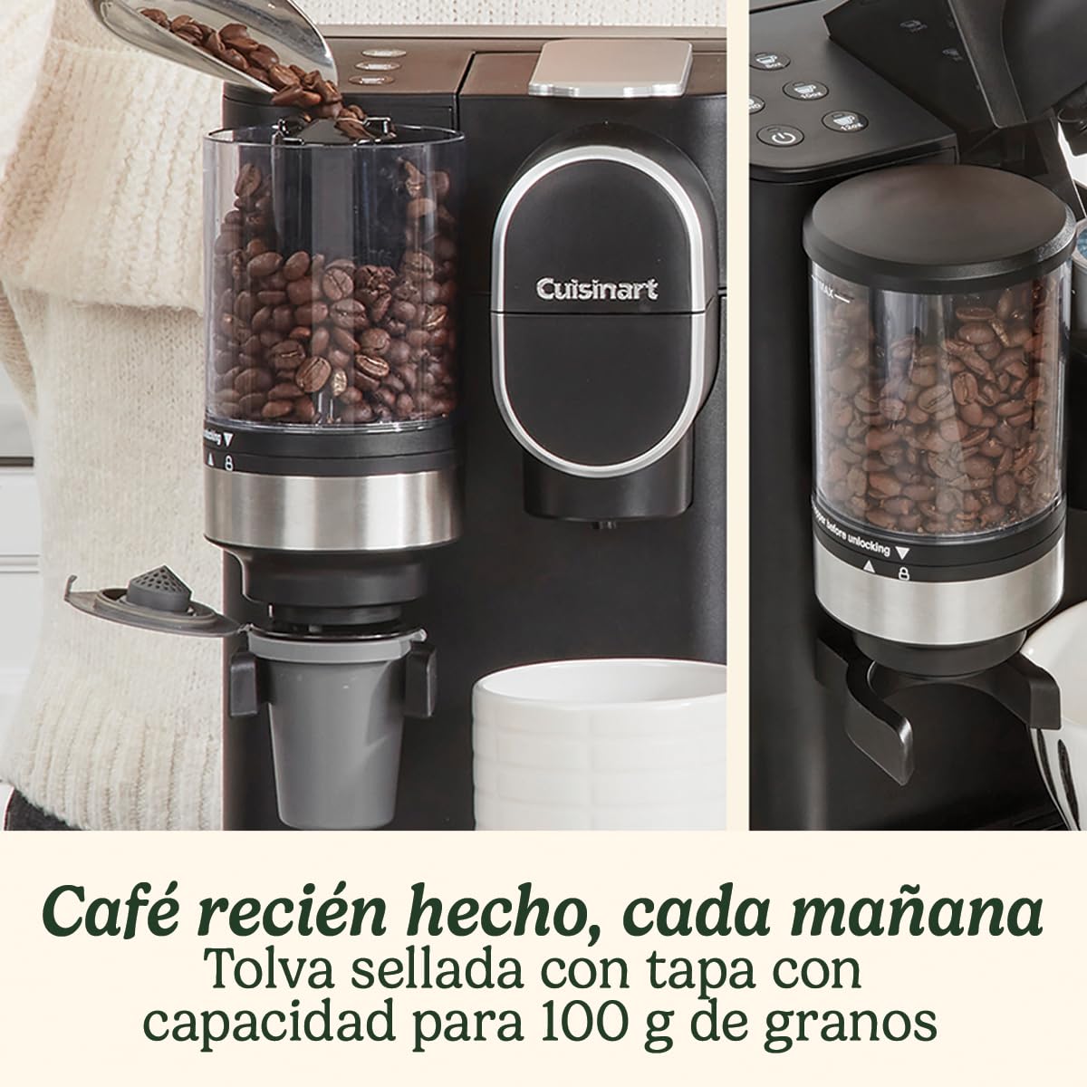 Cuisinart Cafetera One Cup Grind And Brew | Café en grano en taza, monodosis | Molinillo cónico | Ajuste la intensidad del café, 3 tamaños de taza a elegir | Cápsula de filtro reutilizable | Negra