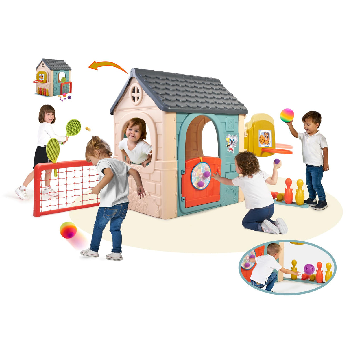 FEBER - Casual 6 Activities House, Casa con 6 Actividades de Juego, Accesorios Incluidos para los Juegos, Colores Resistentes a la Luz Solar, Montaje Fácil, A Partir de 3 años, Famosa (FEH23000)