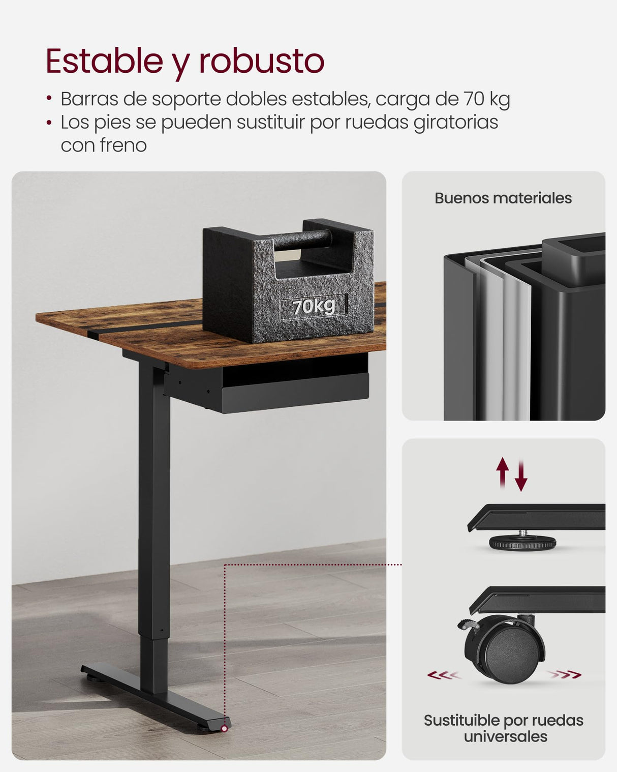 VASAGLE Escritorio Regulable en Altura, Mesa Regulable, Enchufe y Cajón, 60 x 120 cm de Encimera, Ajuste Continuo, 4 Funciones de Memoria de Altura, Marrón Rústico y Negro LSD112X01