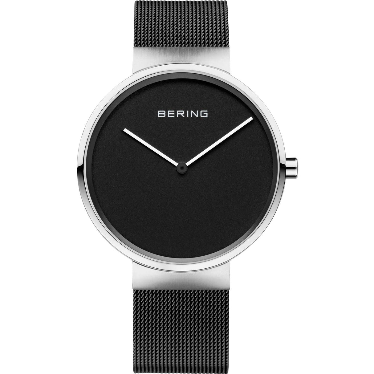 BERING 14539-102 Reloj de cuarzo unisex con caja de acero inoxidable plateado de 39 mm y esfera negra, correa milanesa, cristal de zafiro y resistencia al agua de 5 ATM