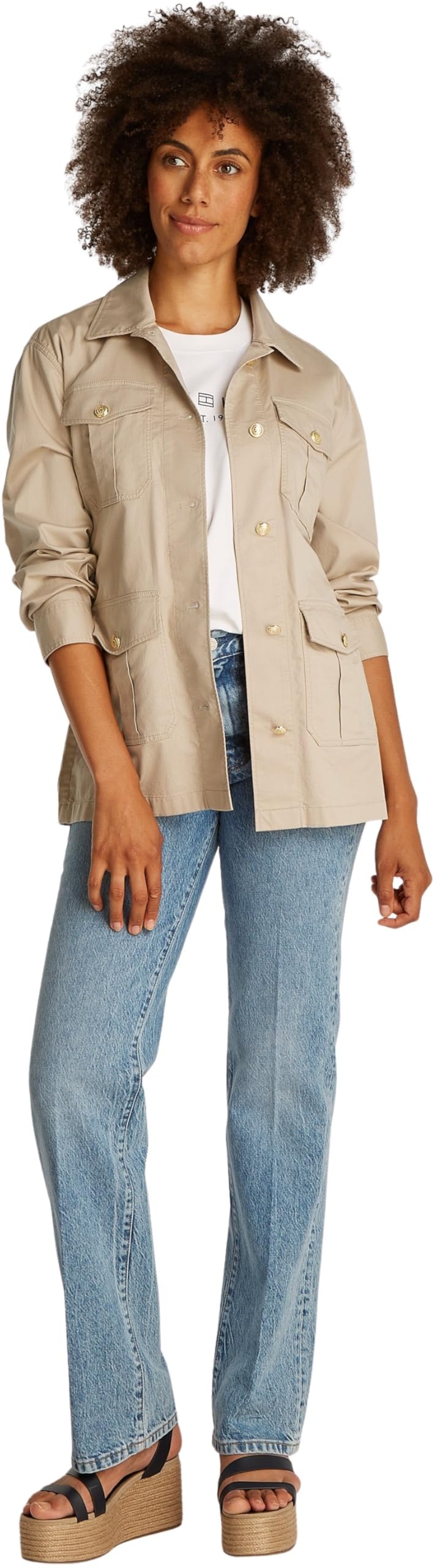 Tommy Hilfiger Chaqueta tipo camisa Mujer Gold Button Utility con bolsillos en el pecho, Beige (Sandalwood), XS