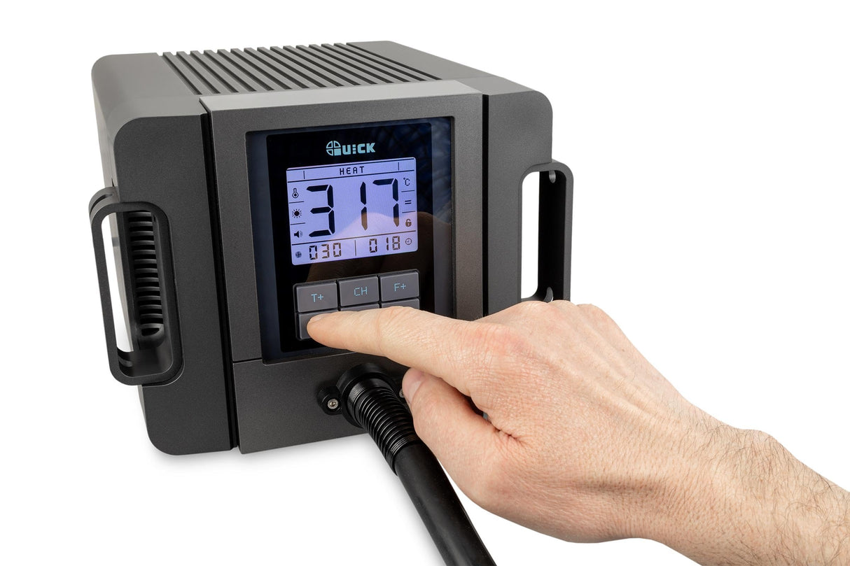 QUICK TR1300A - Estación de soldadura de aire caliente industrial (1300 W, rango de temperatura de 100 – 500 °C, SMD, función de calibración, modo de espera/pantalla LCD)