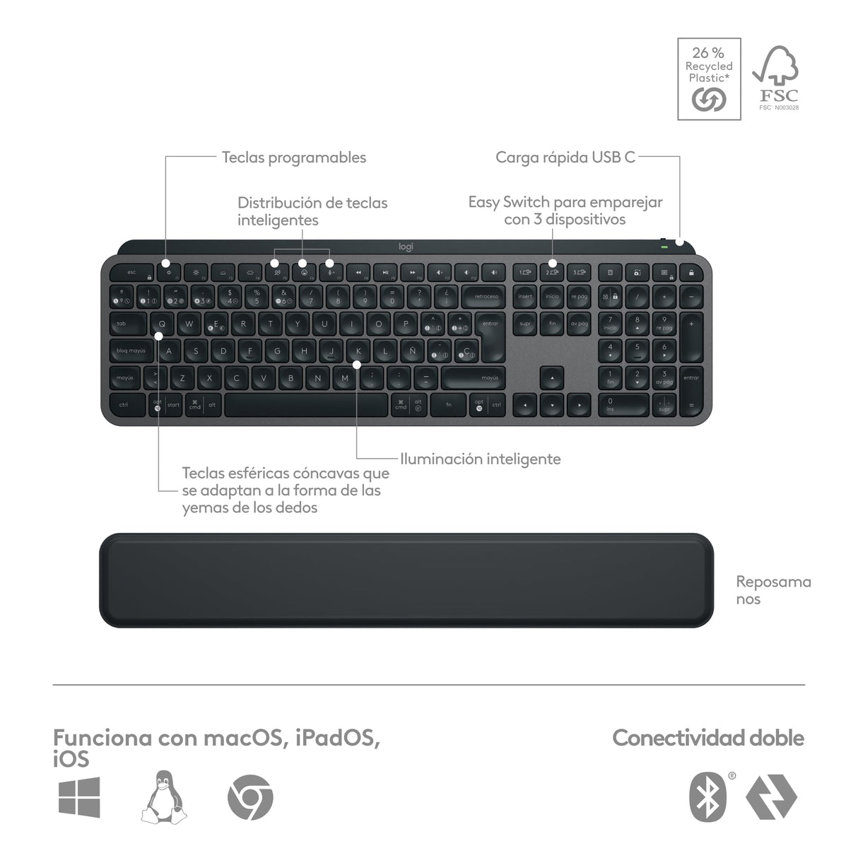 Logitech MX Keys S Combo, Teclado y Ratón Inalámbricos de Calidad con Apoyo, Iluminación, Desplazamiento Rápido, Bluetooth, USB C, para Windows/Linux/Chrome/Mac, Disposición QWERTY Español, Grafito