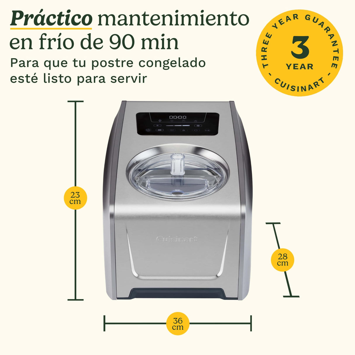 Cuisinart FreezeEase Pro – Heladera con compresor, 4 ajustes, 14 funciones, lista en 40 min, 1,5L, 2 palas, sin precongelación, mezcla, frío 90 min