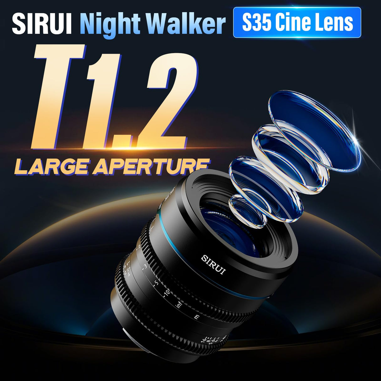 SIRUI Night Walker 35mm Lente de Cine con Enfoque Manual, Lente de Gran Apertura T1.2 con Montura S35 para E Montura Cameras, FX30, ZV-E10, A6400, A6700 (MS35E-B, Negro)