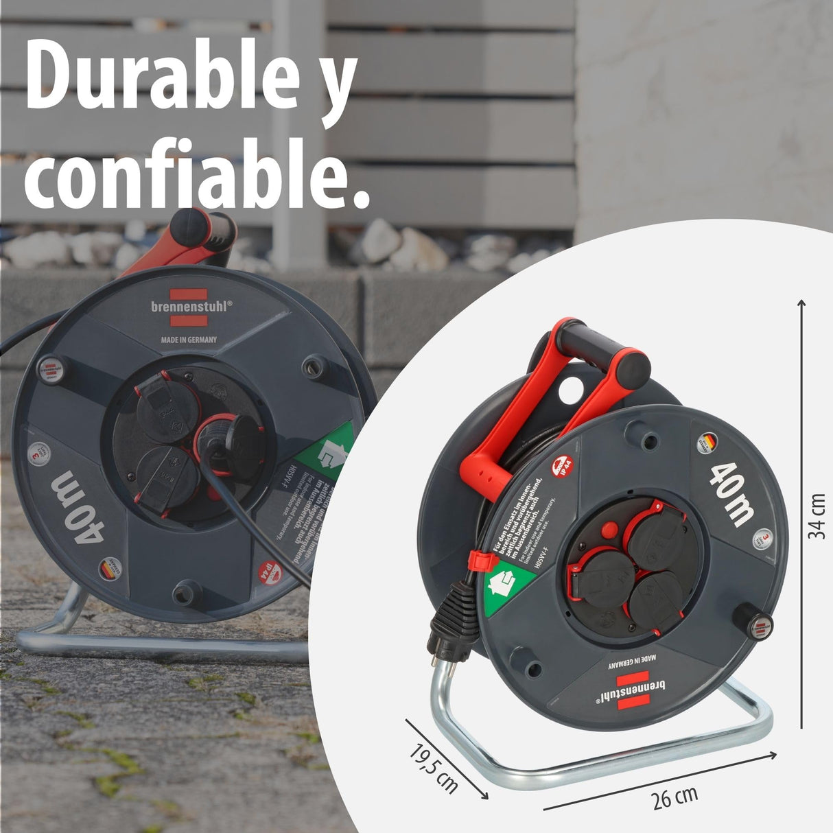 Brennenstuhl Enrollacables Garant V2 IP44 40m exterior (Made in Germany, 3 tomas de corriente con contacto de puesta a tierra, plástico especial)