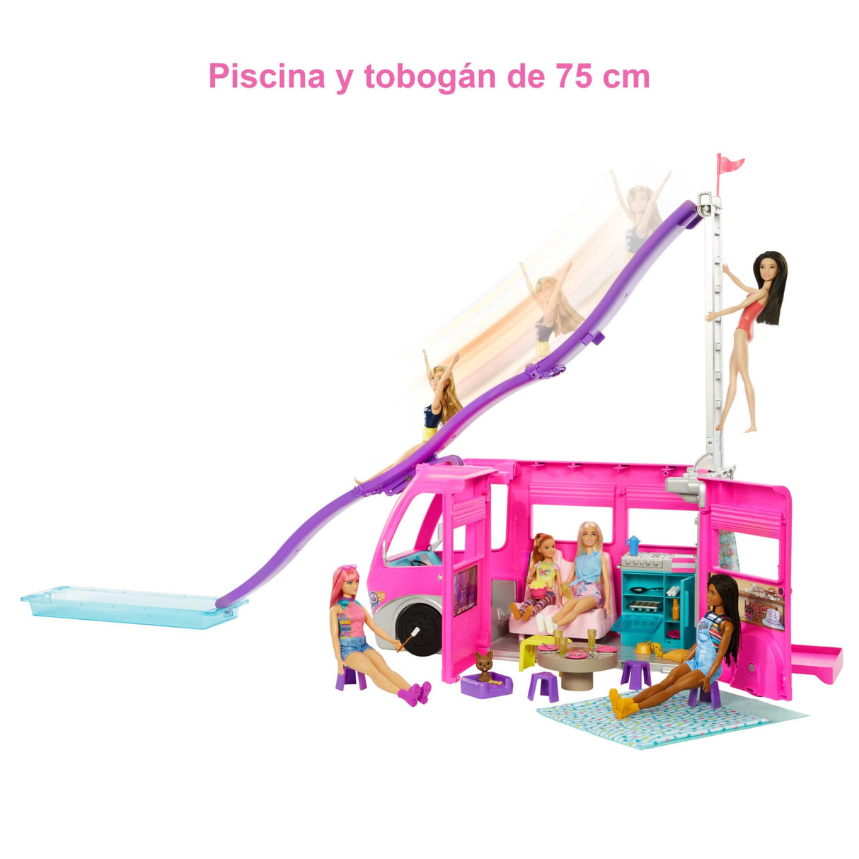 Barbie Supercaravana Dreamcamper 2022 Coche para muñecas con tobogán y Accesorios de Juguete(Mattel HCD46)