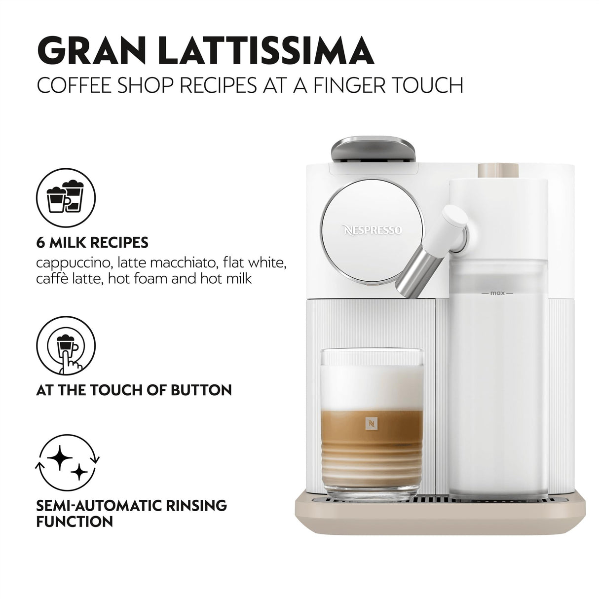 Nespresso De'Longhi Gran Lattissima EN640.W, Cafetera Automática, Cafetera de Cápsulas Monodosis, Leche Espumada Automática, Presión 19 Bares, Cappuccino, Latte, 1400W, Blanco Fresco Vitalidad