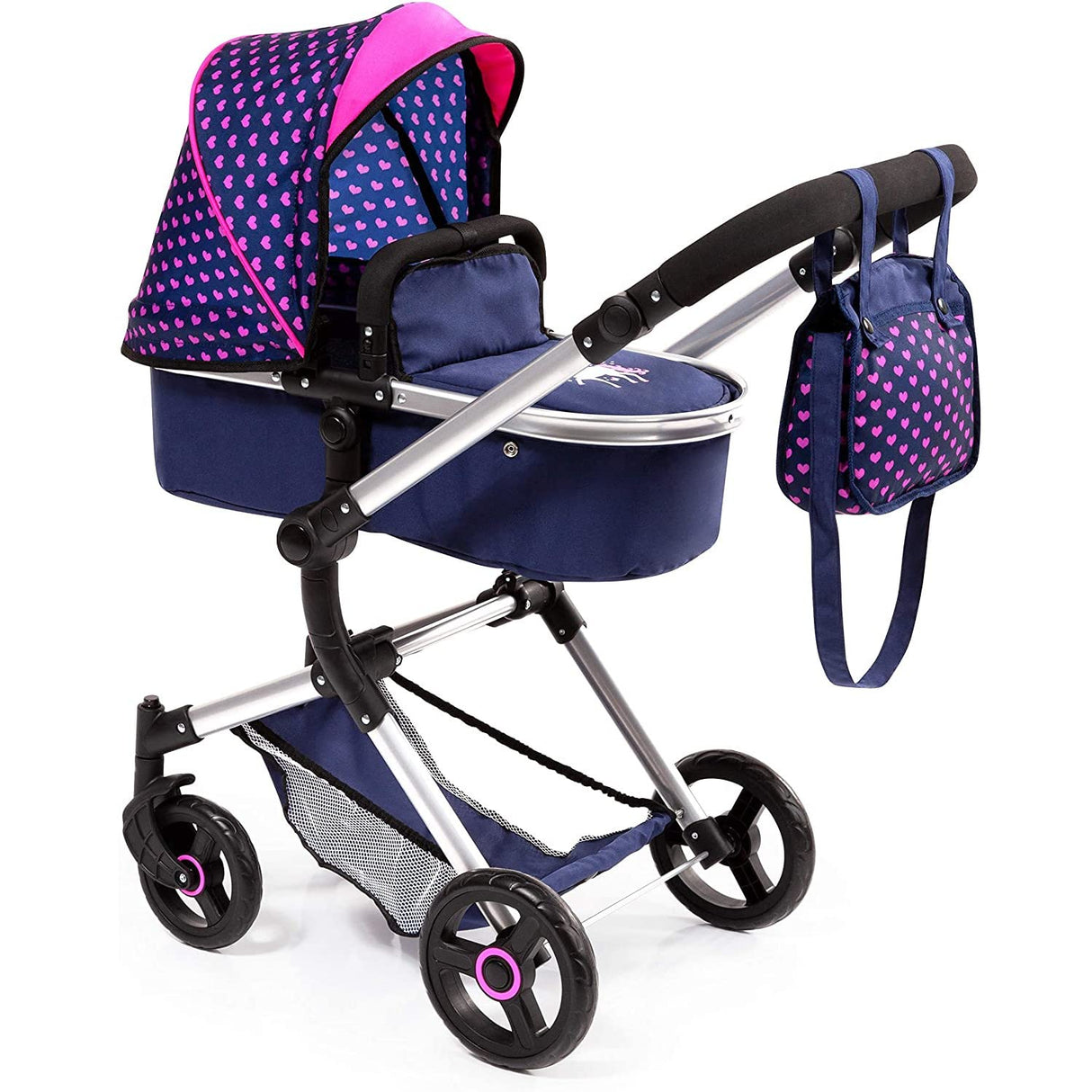 Bayer Design 18454AA Cochecito para muñecas Neo Vario con bolso cambiador y cesta de la compra, convertible en coche deportivo, altura ajustable, moderno, azul con patrón de unicornio y corazón