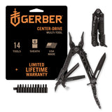 Gerber Multiherramienta con clip para cinturón, transmisión central, apertura con una sola mano, 14 funciones y funda de nylon (compatible con Molle), Negro, 30-001425